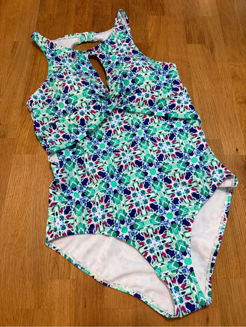 Jantzen 14 Aqua Tile High Neck Cutout One Piece Bathing Suit